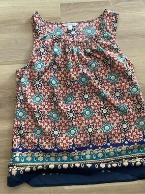 croft & barrow Red Teal Navy Patterned Sleeveless Blouse
